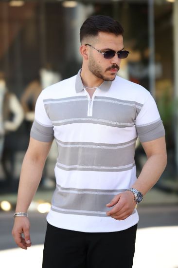 Erkek Yakalı Fermuarlı çift Renk Kısa Kollu T-shirt resmi